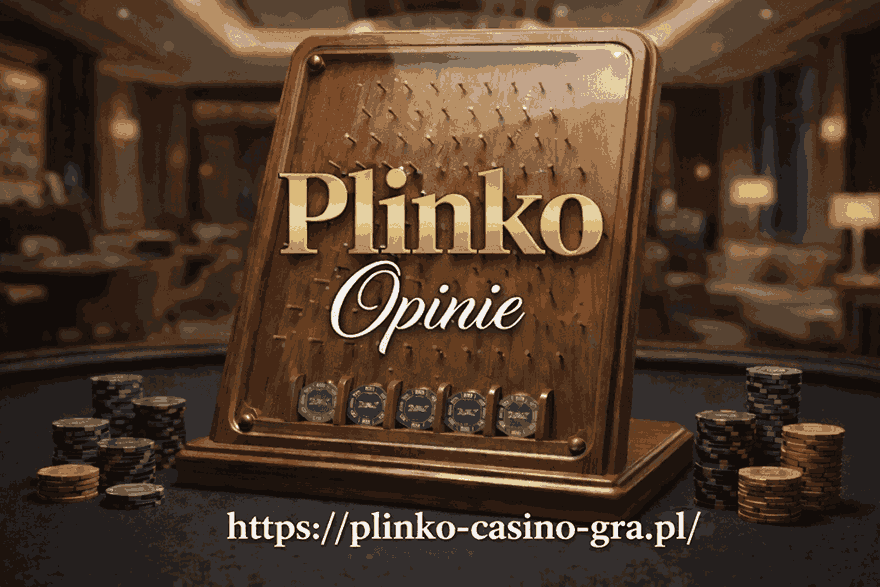 Grafika Plinko Opinie z drewnianą planszą do gry, żetonami kasynowymi i adresem plinko-casino-gra.pl
