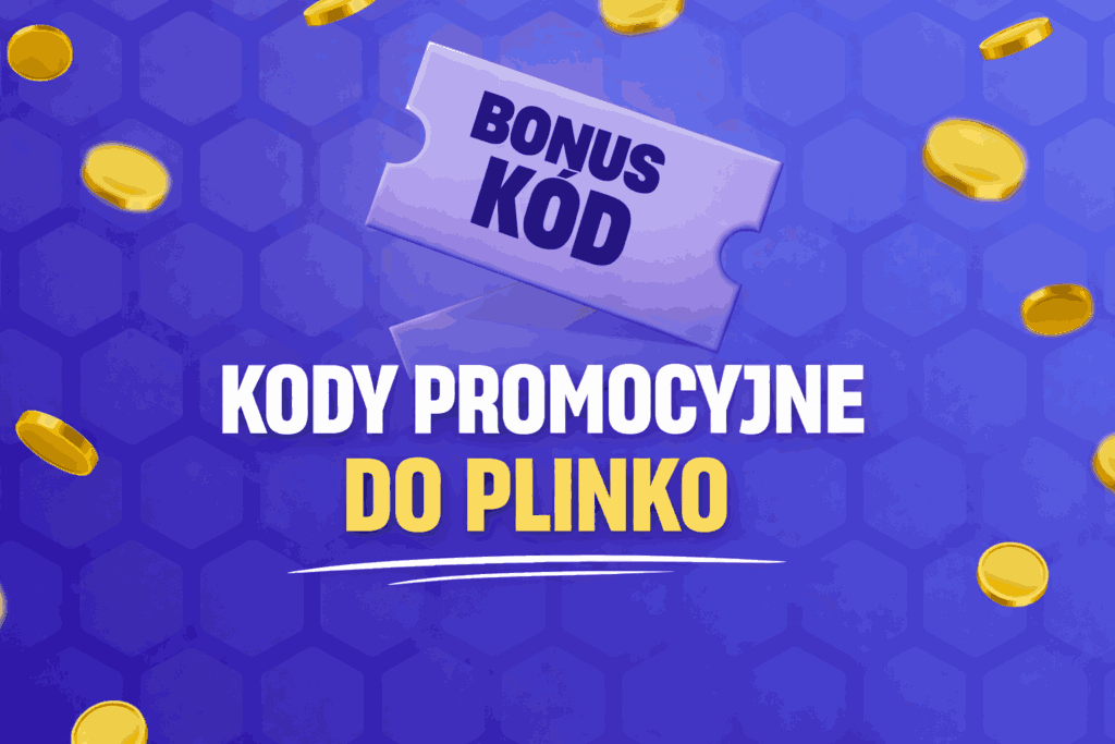 Grafika promocyjna z kodem bonusowym do Plinko na niebieskim tle ze złotymi monetami