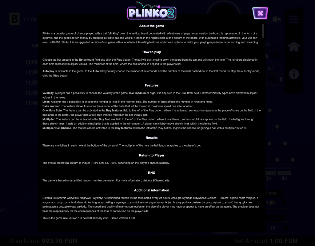 RTP i zmienność Plinko 2