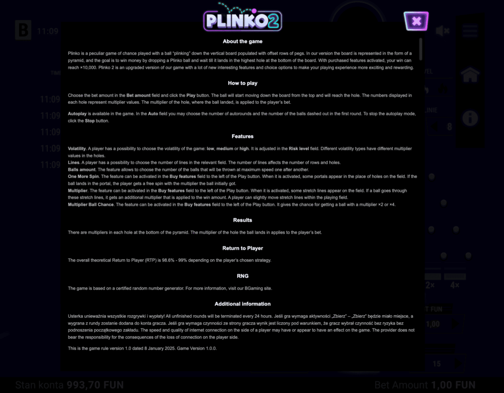 RTP i zmienność Plinko 2